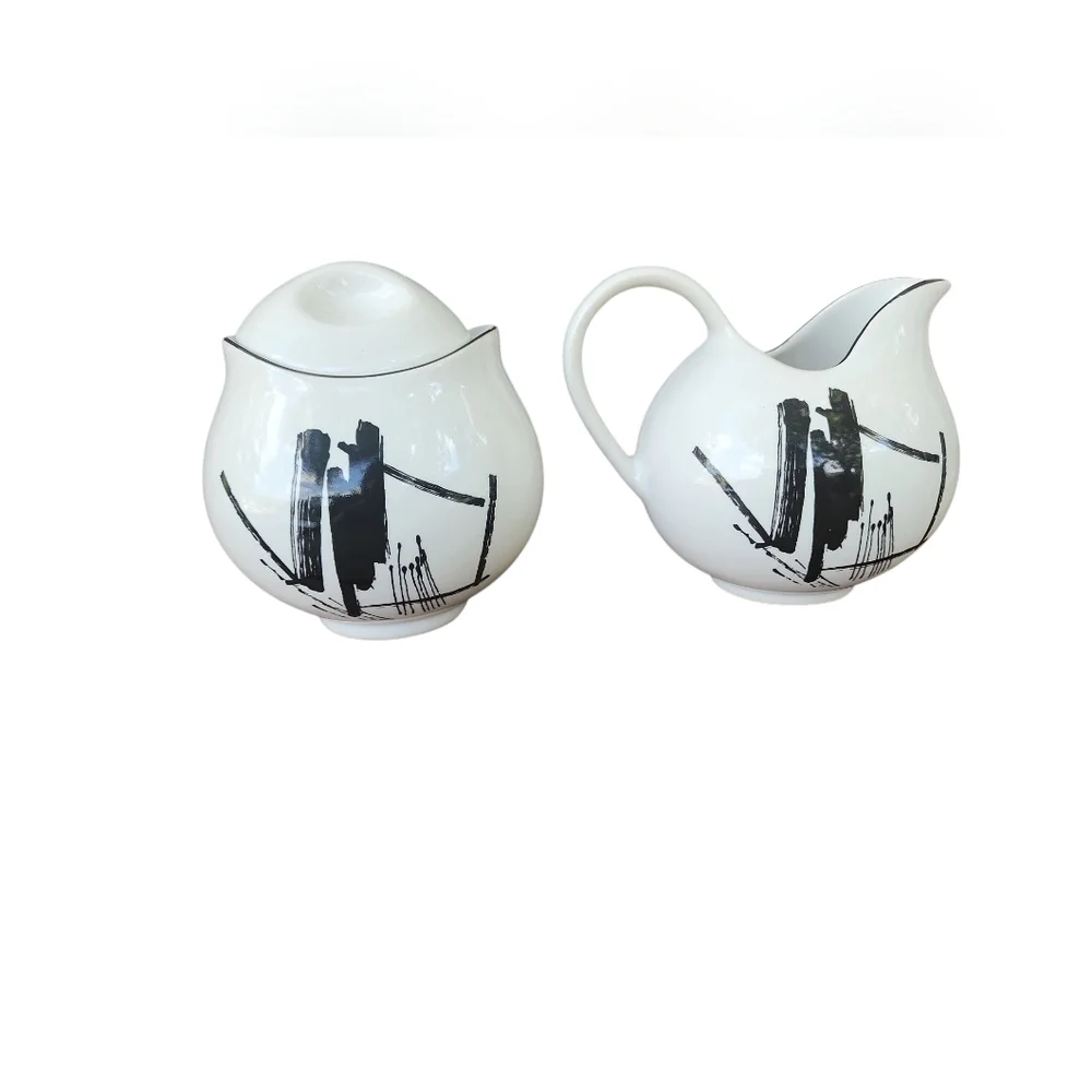 Sanko Elegant White and Black Ceramic Creamer and Sugar Set Japan. 3 Pcs. - Picture 2 of 5